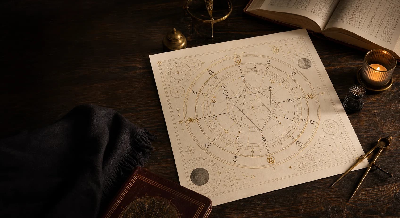 An antique-style birth chart reading laid across a dark wooden desk with old books and brass tools.